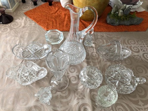 Cut glass, vases, wine decanter, dishes