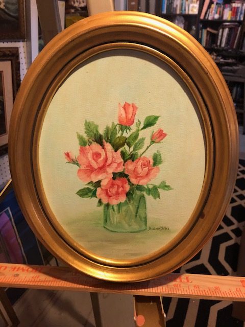 roses, original paiting, vintage oval frame, Barbara Soller